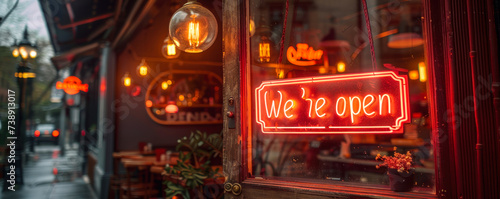 Welcoming We're open signboard hanging on a glass door with warm orange lighting, inviting customers into the establishment signaling business readiness photo