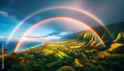 A double rainbow arching majestically over the lush landscapes of Hawaii © ChristacilinCreative