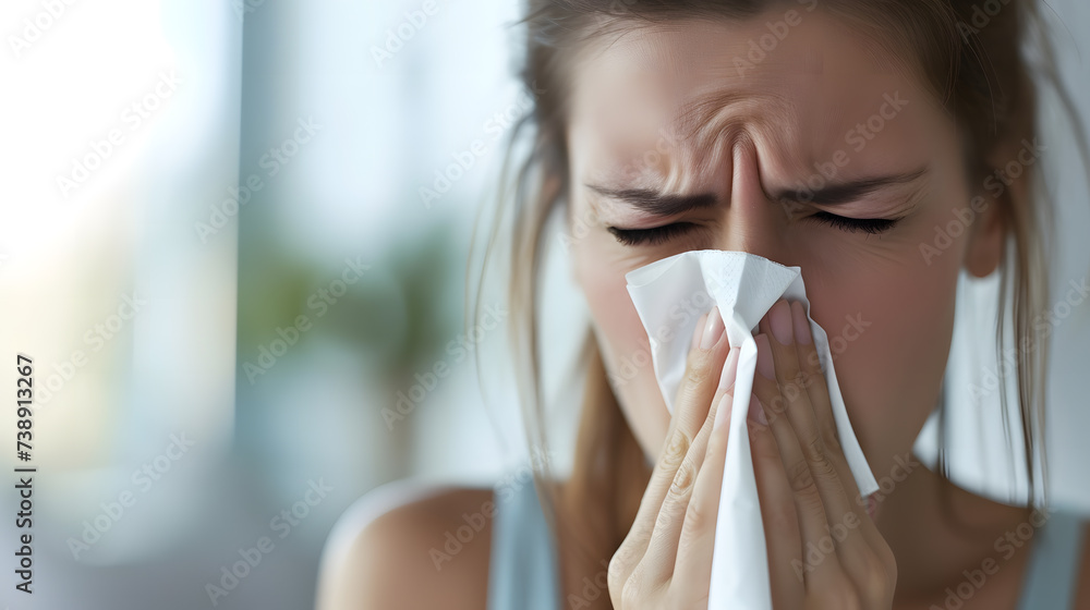 woman blows her nose: weeping or with a cold - obrazy, fototapety, plakaty 