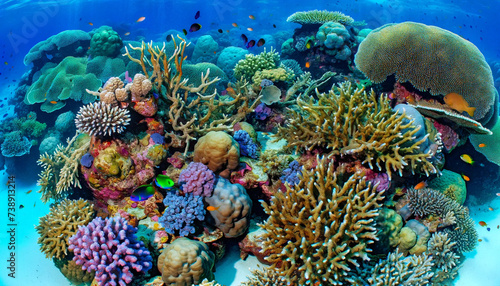 A vibrant and healthy coral reef teeming with life, located off the coast
