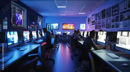 A group of people is sharing a computer lab in a building, sitting in front of computer monitors and using peripherals like keyboards on a table. AIG41 photo