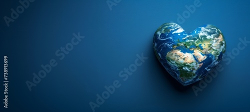 Heart shaped earth globe on blue background for environmental care and sustainable living