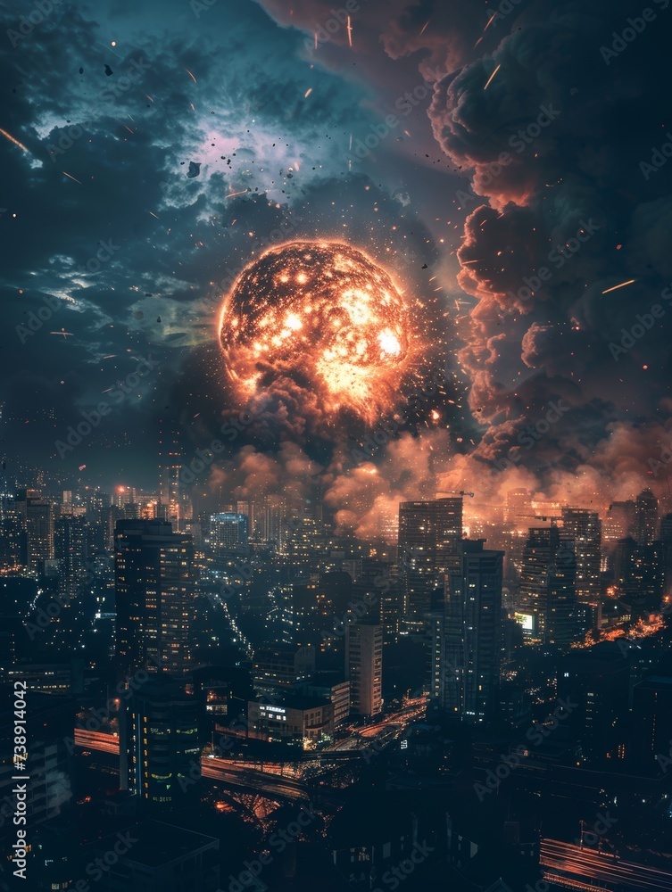 A spectacular nuclear explosion erupts in the night sky above a city, its fiery plumes creating a stark contrast against the urban skyline.