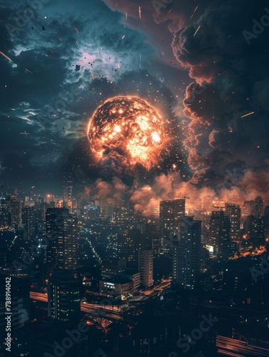 A spectacular nuclear explosion erupts in the night sky above a city, its fiery plumes creating a stark contrast against the urban skyline.