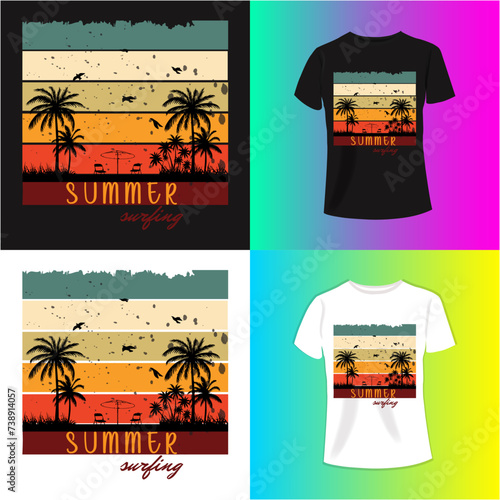      Palm tree withsummer t shirt design. Surfing club graphic print design for t shirt. Beach sketch graphic print design for t shirt photo