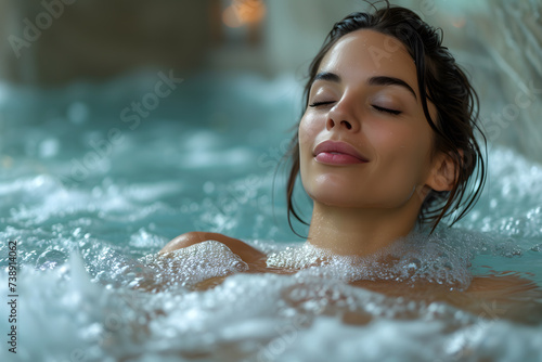 Woman relaxing in a hot tub pool during weekend days of relax and spa in a luxury place during travel vacations.