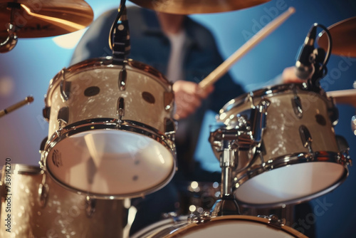 Dynamic Close-up of Drummer Playing on Acoustic Drum Set in a Live Music Performance photo