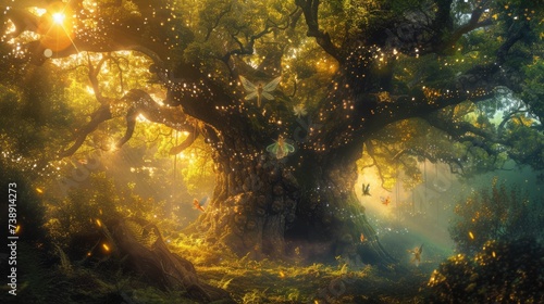 A magical forest at twilight, ethereal light filtering through trees, fairies dancing around an ancient oak. Resplendent.