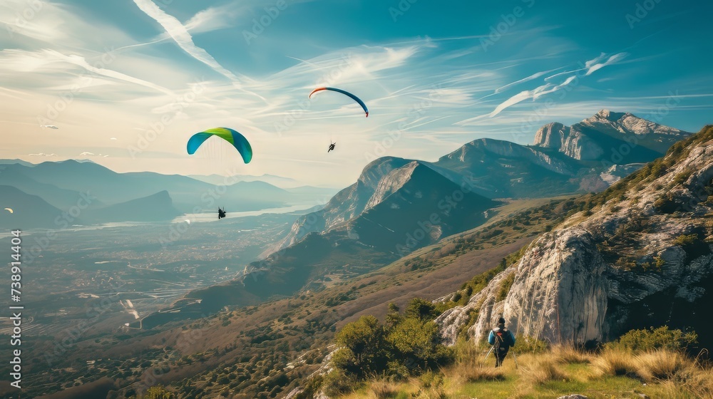 A group of people on paragliders descend on the background of mountains A group of people on paragliders descend on the background of mountains