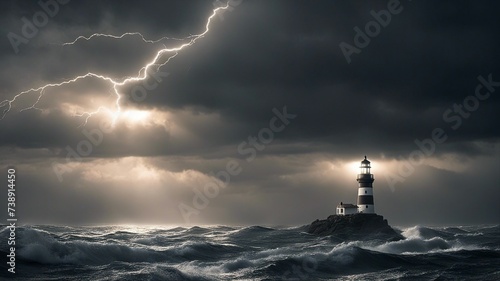lightning in the mountains Lighthouse gives hope vision and guidance through beam of light into darkness and thick stormy cloud   photo