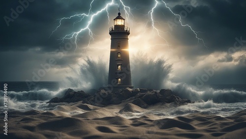 lighthouse on the coast highly intricately detailed photograph of Lighthouse In Stormy Landscape wave hitting lighthouse - Leader And Vision Concept 