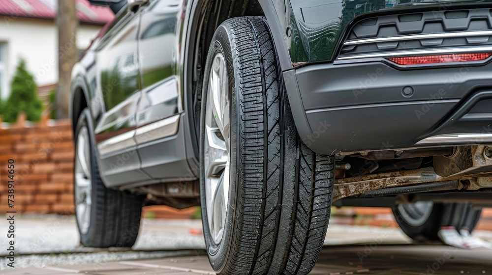 The detailed tread of a car tire is in sharp focus in a residential driveway, capturing the texture and design that ensure vehicle safety and performance.