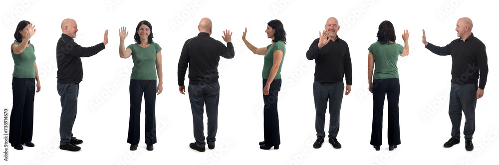 Various poses of the same woman and man waving on white background. Various poses of the same woman and man waving on white background.