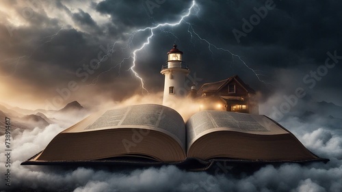  A big storm and lightning on top of the pages of a Bible 