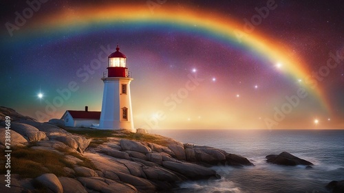 lighthouse on the coast highly intricately detailed photograph o Peggy`s Cove Lighthouse   inside a nebula surrounded by huge rainbow  photo
