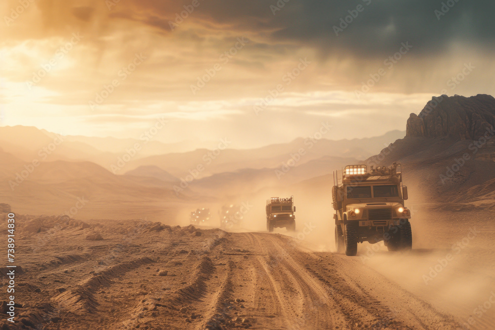 Convoy of Military Vehicles Kicking up Dust on Rugged Desert Terrain at Dusk