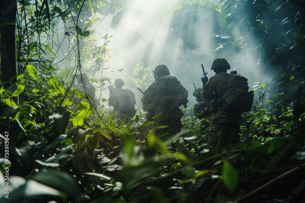 Military Squad Advancing Through Dense Jungle with Sunlight Filtering Through