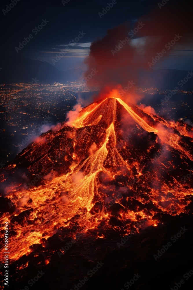 A very large mountain spewing out copious amounts of molten lava from its summit, creating a dramatic and dangerous scene