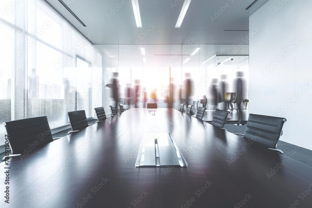 Sleek Meetings: Modern Room with Motion-Blurred Executives
