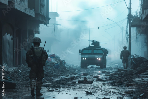Desolate Urban Battlefield with Soldiers and Armored Vehicle Amidst Ruins