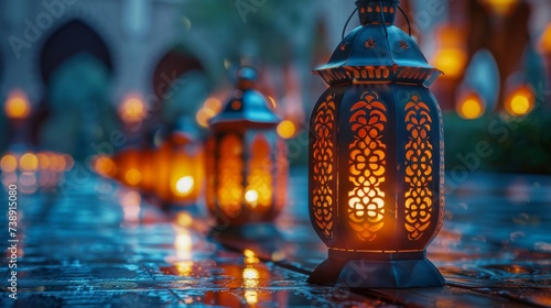 Ramadan Kareem concept. Islamic lanterns on blue blurred bokeh background. Traditional Muslim Iftar Food, copy space. Generative ai