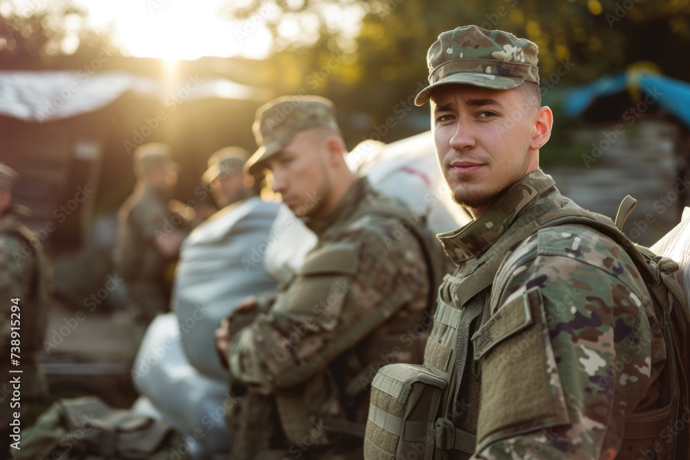 Confident Soldier Standing with Platoon in Background during Sunset