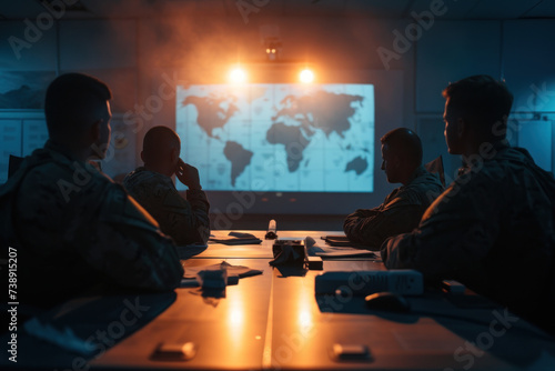 Military Officers Engaged in Global Strategy Session with World Map Projection photo
