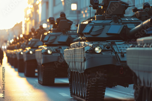Armored Military Convoy of Tanks on a City Street at Sunset photo