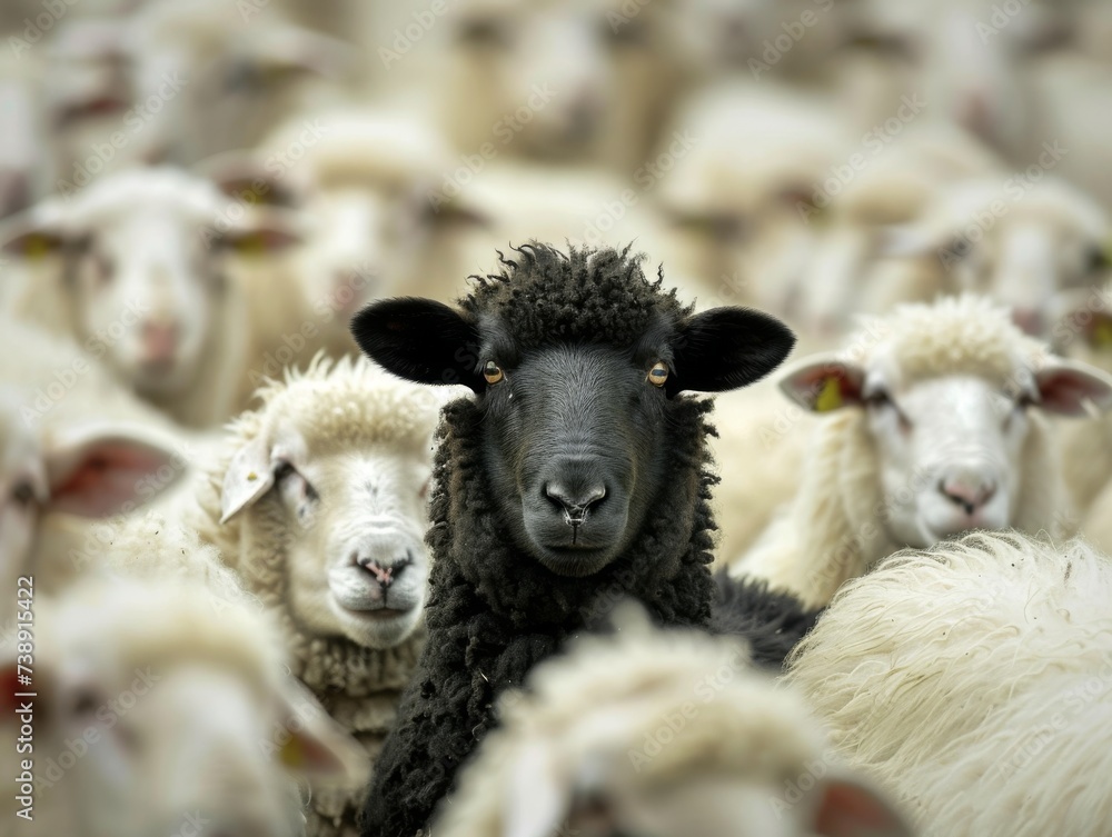 Obraz premium A black sheep stands out among a flock of white sheep.