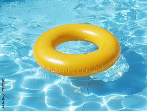 A yellow inflatable ring floating on clear blue swimming pool water.