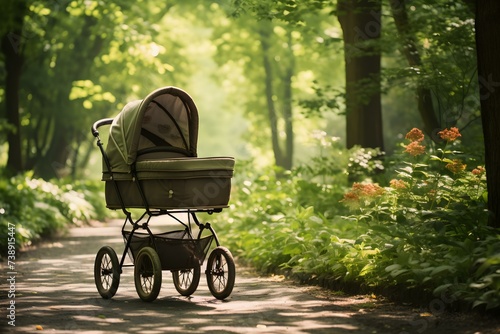 Vintage stroller on a charming path shaded by lush green trees. Concept Vintage Stroller, Charming Path, Lush Green Trees, Photography Ideas