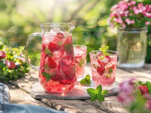 A refreshing strawberry drink with mint on a wooden table in a sunlit garden.
