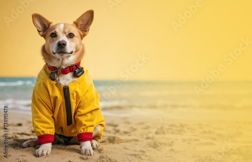 A cute dog in a beach lifeguard uniform © AlenKadr