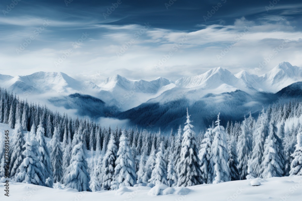 A winter landscape featuring a snow-covered mountain with trees blanketed in snow, creating a serene and picturesque scene