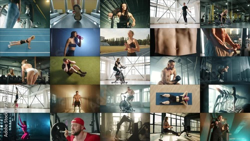 Multi-screen camera fitness. A sports collage showcasing the lifestyle of various people. Different locations and diverse individuals display their skills and abilities in sports.