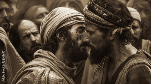 Photo The kiss of judas: dramatic portrayal captures biblical betrayal, tension, and c