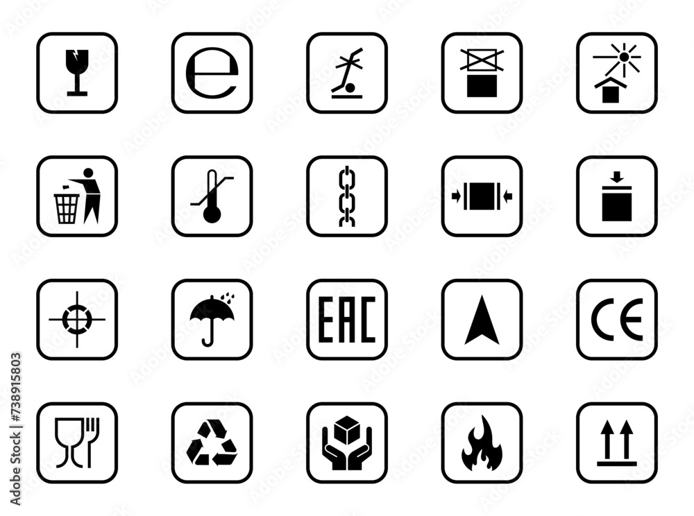 Packaging symbols set. Packaging cargo icon. Caution signs for package: this side up, handle with care, fragile, keep dry, flammable and other symbols. Used on the box or packaging. Packaging symbols set. Packaging cargo icon. Caution signs for package: this side up, handle with care, fragile, keep dry, flammable and other symbols. Used on the box or packaging.