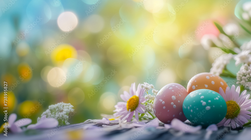 Easter greeting card with painted Easter eggs on wood with flowers on blurred background. free space