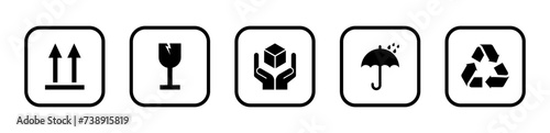 Packaging symbols set. Packaging cargo icon. Caution signs for package: this side up, handle with care, fragile, keep dry and other symbols. Used on the box or packaging.