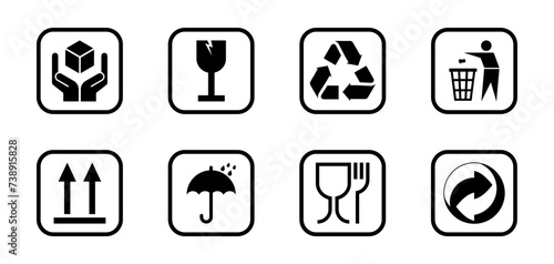 Packaging symbols set. Packaging cargo icon. Caution signs for package: this side up, handle with care, fragile, keep dry, flammable and other symbols. Used on the box or packaging.