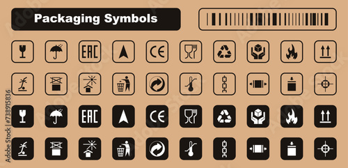 Packaging symbols set. Packaging cargo icon. Caution signs for package: this side up, handle with care, fragile, keep dry, flammable and other symbols. Used on the box or packaging.