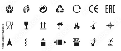 Packaging symbols set. Packaging cargo icon. Caution signs for package: this side up, handle with care, fragile, keep dry, flammable and other symbols. Used on the box or packaging.