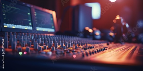 Inside a professional recording studio the control room buzzes with musical creativity. Concept Music Production, Recording Studio, Control Room, Creativity, Professional Setting