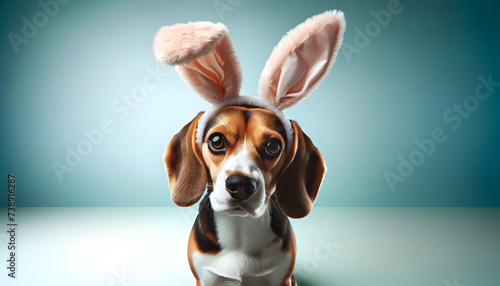 a happy cute dog sitting with a Easter bunny ears headband on him on an Easter themed background for Easter