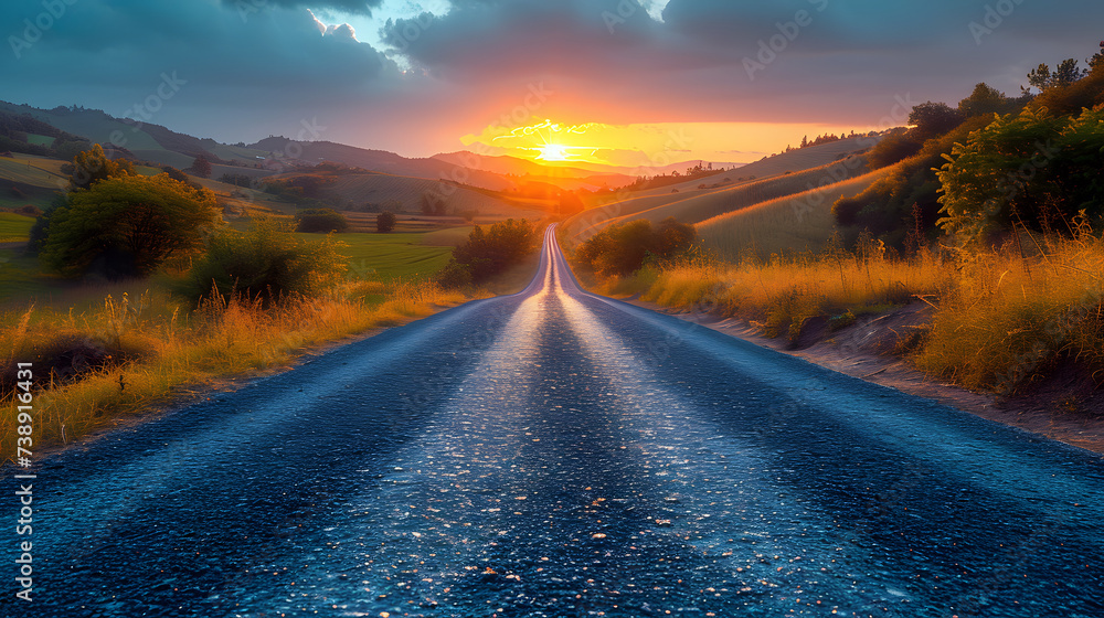 Beautiful rural asphalt road scenery at sunset - obrazy, fototapety, plakaty 