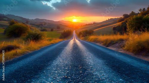 Beautiful rural asphalt road scenery at sunset photo