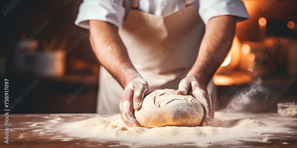 Crafting Artisan Bread Creations with Skillful Dough Kneading. Concept Bread Baking, Artisan Creations, Skillful Kneading, Homemade Delights, Culinary Craftsmanship