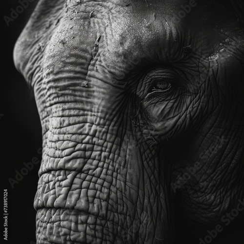 A close-up of a wise and elderly elephant  emphasizing the wrinkles and textures of its skin  symbolizing strength and wisdom. 
