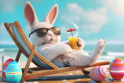 Easter bunny with sunglasses drink cocktail sitting on deckchair with colorful easter eggs on sand beach, easter holidays with summer vacation, rabbit and easter on summer sand beach, generative ai photo