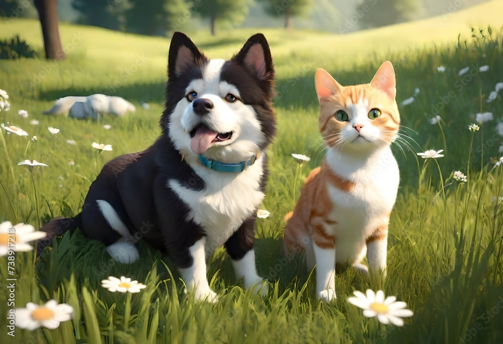 dog and cat on the meadow in nature. Ai generated